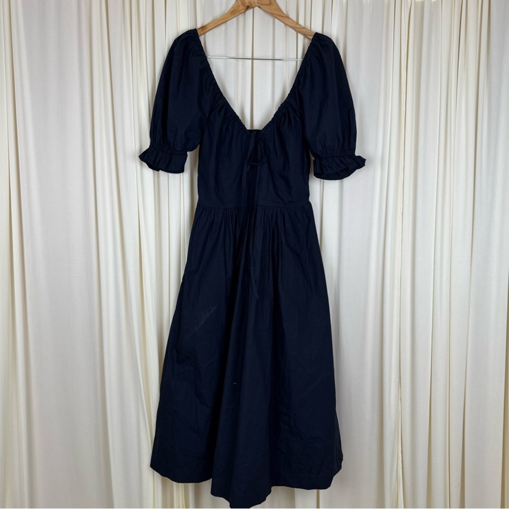 Quince Navy Blue Organic Cotton Puff Sleeve Midi Dress Sz S Summer Elegant - Picture 2 of 7
